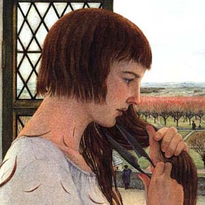 Joan cutting off her hair.