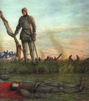 Joan standing over Glasdale who is lying
face up in 8 inches of water